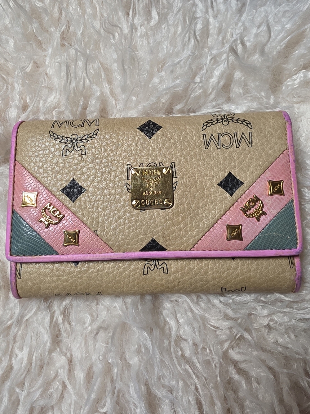 MCM Beige Pink & Green Continental Wallet with Gold Plaque